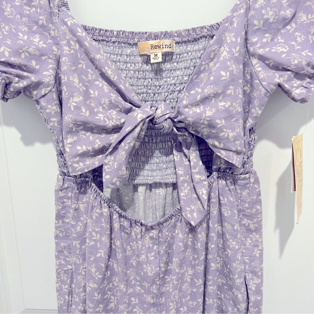 NET Rewind Floral Purple Cutout Tie Floral Puff Sleeve Jumpsuit - Picture 9 of 9